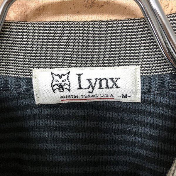 Lynx リンクス メンズ ボーダー 総柄 配色切替 コントラストカラー 半袖ポロシャツ ドライ M 紺 ネイビー 日本製 ロゴ_画像2