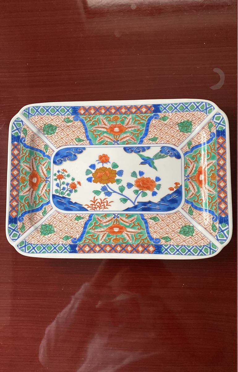 藍窯  錦春秋焼物角皿  1枚 縦約21cm 横約30cm 大皿 和食器 絵皿 骨董