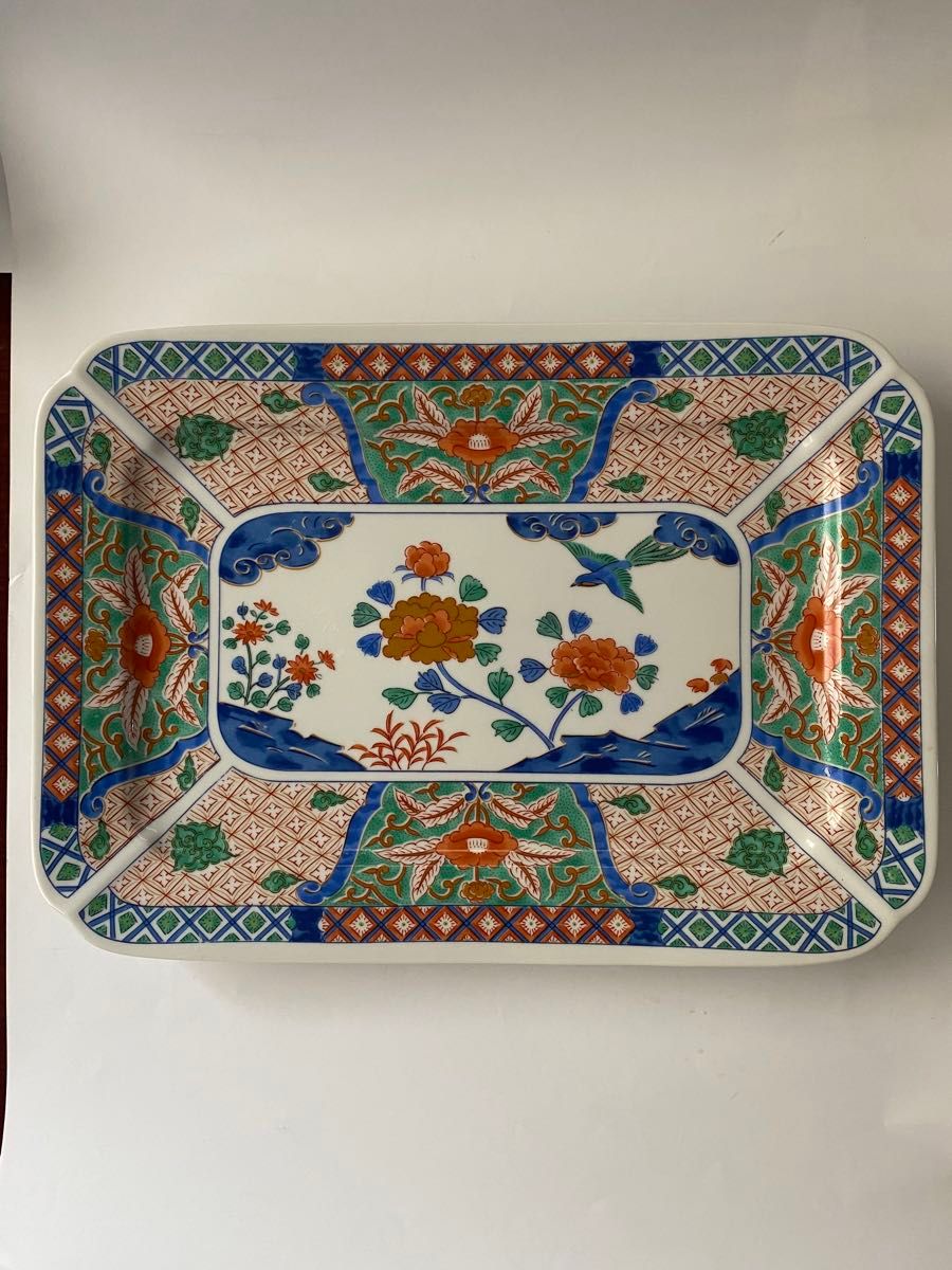 藍窯  錦春秋焼物角皿  1枚 縦約21cm 横約30cm 大皿 和食器 絵皿 骨董