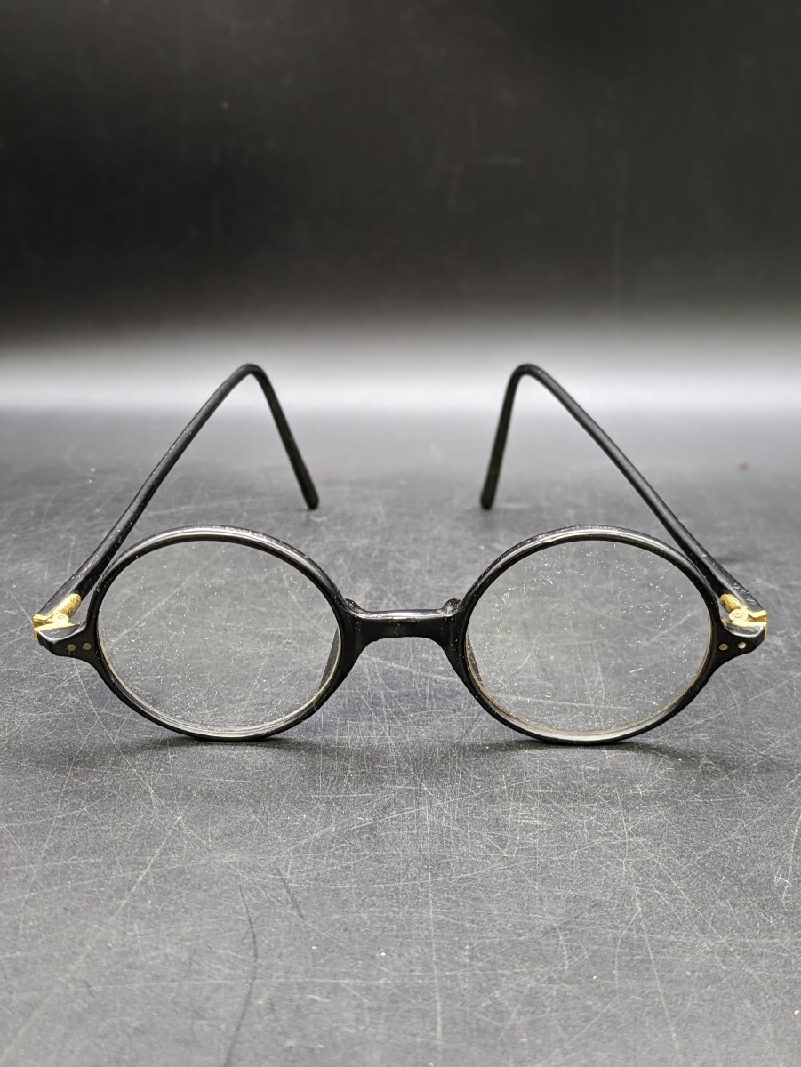 【萬】状態の良い黒縁丸眼鏡　古眼鏡　折りたたみ　アンティーク　ヴィンテージ　ケース・クロス付き_画像1