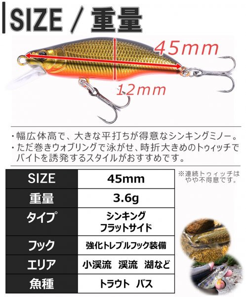 ※訳あり※ トラウト ルアー 5個 セット 渓流 シンキング フラット ミノー 45mm 3.6g 4.5Gh-桃5-_画像7