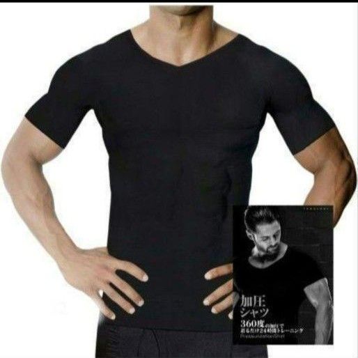 加圧シャツMサイズ  インナー 姿勢  お腹 機能性 筋トレ (黒M) インナーシャツ 半袖 男性肌着 VネックTシャツ
