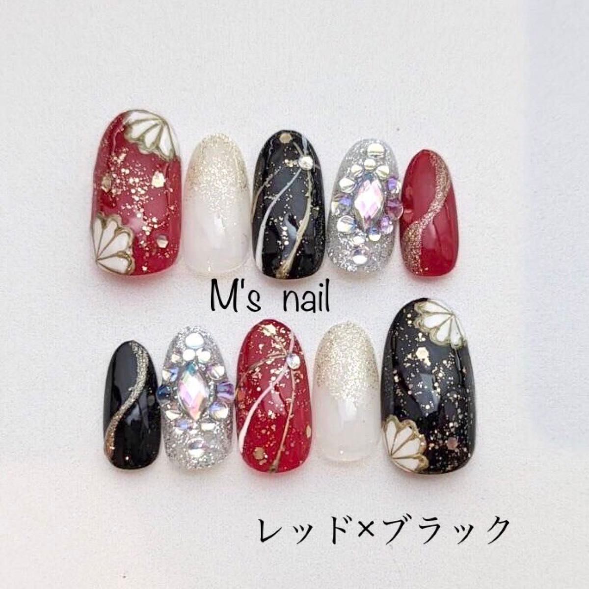 オーダー】成人式振袖赤黒和柄ネイルチップ