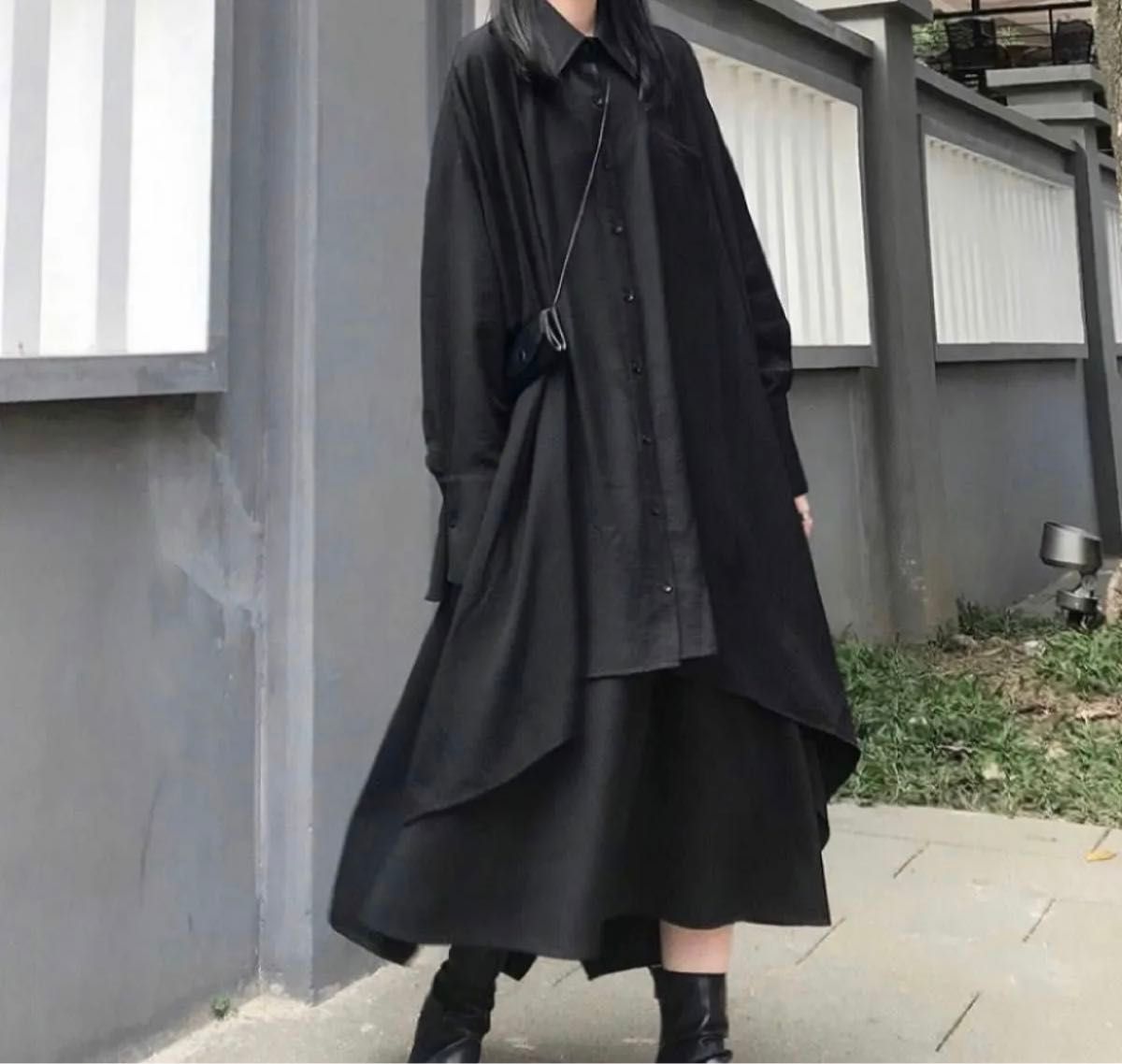 【レア商品】モード系 ロングシャツ 変形 フレア ビッグシルエット 黒 ブラック