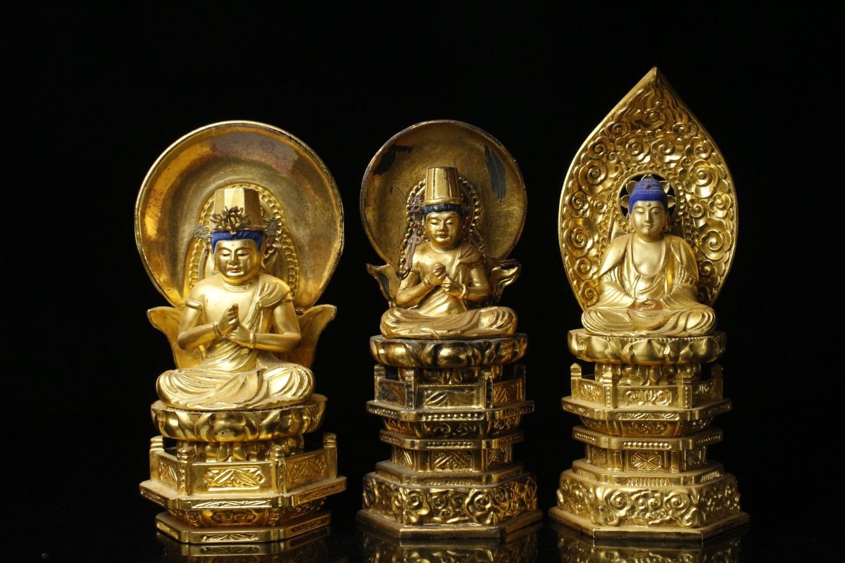 【LIG】仏教美術 木彫金彩 仏像 三点 大日如来像 釈迦如来像 [.WP]23.7_画像2