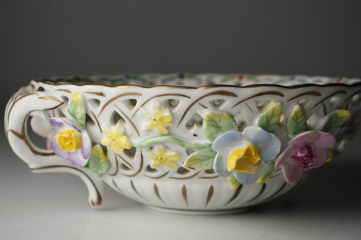 【LIG】Meissen マイセン 色絵金彩 天使図花文透コンポート 18.5㎝ 菓子器 細密造 資産家収蔵品 [.WQ]24.5_画像5