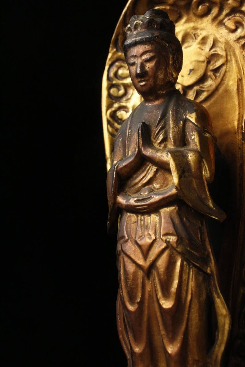 【LIG】仏教美術 木彫金彩 観音立像 32㎝ 置物 古美術品 旧家収蔵品 [.Y]23.12_画像3