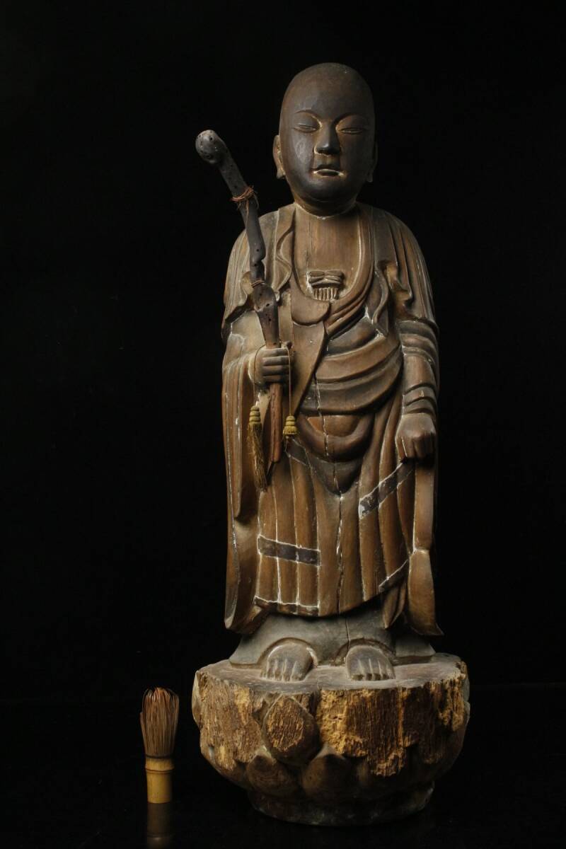【LIG】江戸期 木彫 一本彫 上人像 特大73㎝ 聖人像 寺院収蔵品 [.YQ]23.11_画像2