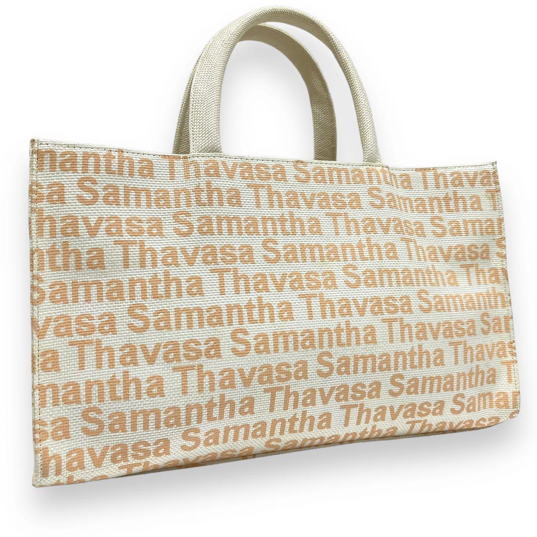 サマンサタバサ Samantha Thavasa トートバッグ ハンドバッグ 英文字柄 肩掛け ワンショルダー キャンバス 総柄 オレンジ ホワイト 777
