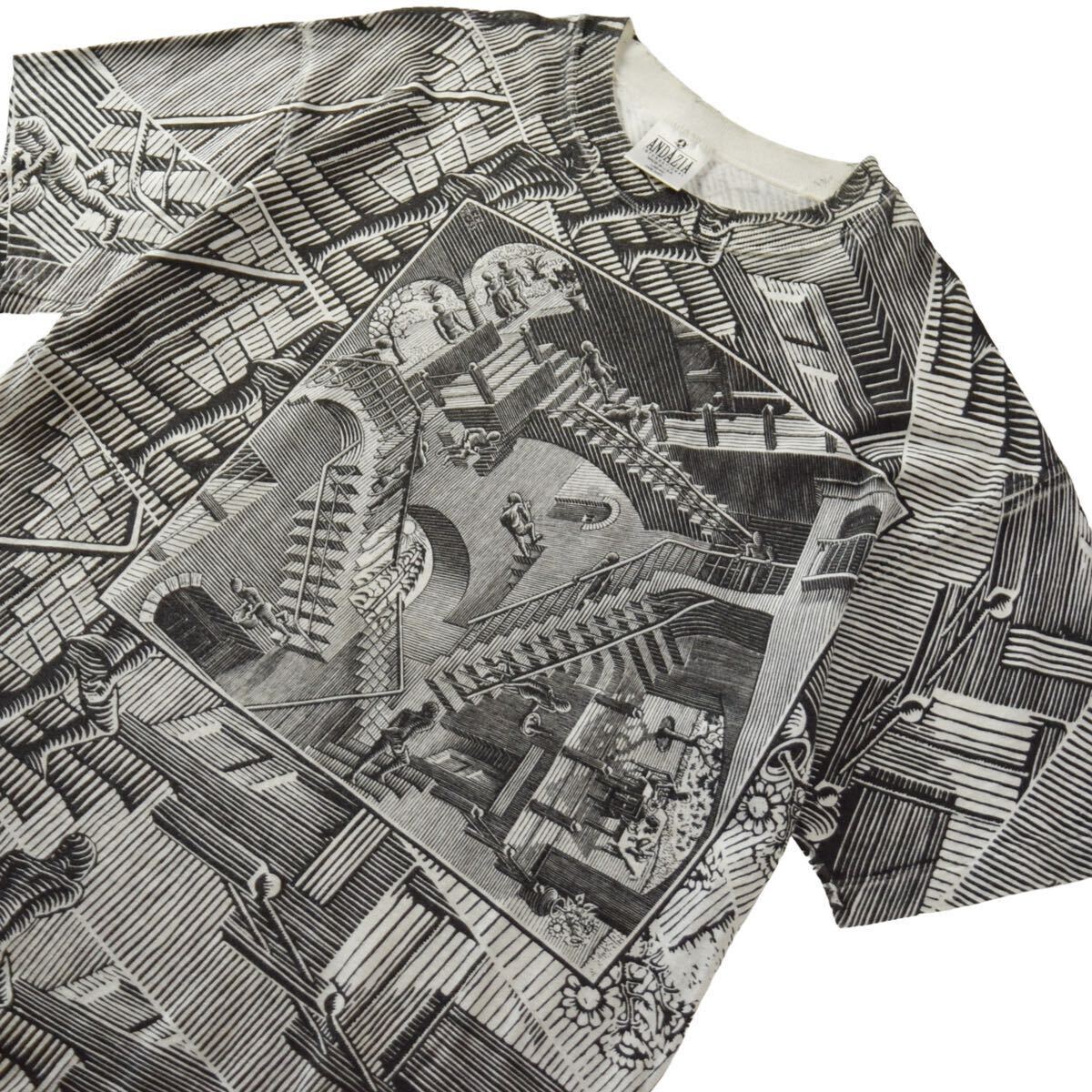 希少【90s M.C.Escher 総柄 マルチ アートプリントTシャツ ANDAZIA XL】ウィンテーシ エッシャー シングルステッチ オールオーバー 相対性_画像3