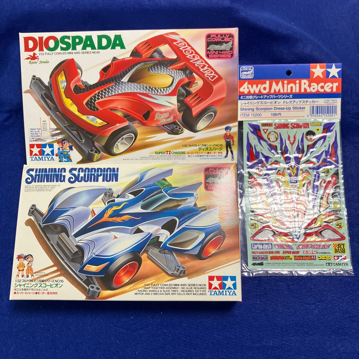 ミニ四駆　新品未組立　ディオスパーダ　シャイニングスコーピオン　＆　ドレスアップステッカー　3点セット　TAMIYA タミヤ　当時物 _画像1