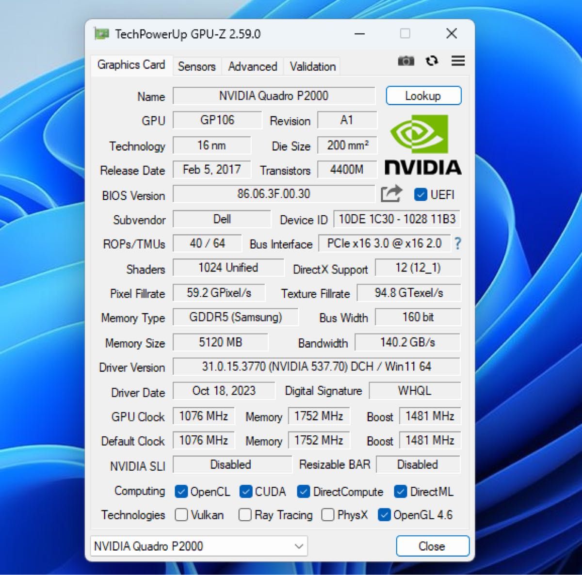 動作確認済 NVIDIA Quadro P2000 グラフィックボード DisplayPort ①