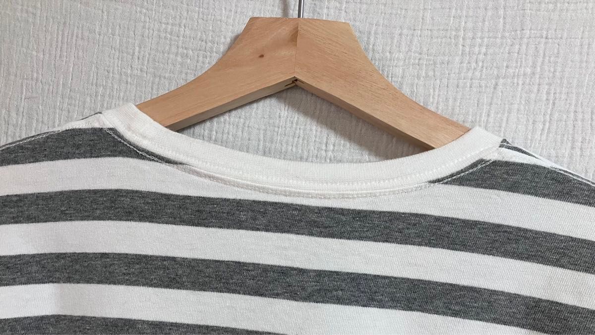 MUJI 無印良品　レディース　太番手コットンクルーネックワイドボーダーTシャツ(半袖)白×杢グレー　XS〜Sサイズ(ゆったりめ)