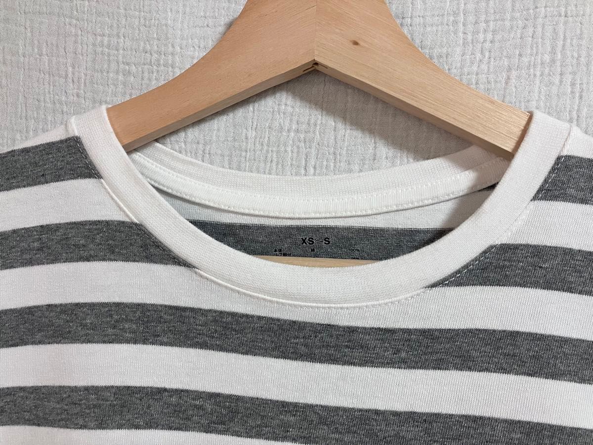 MUJI 無印良品　レディース　太番手コットンクルーネックワイドボーダーTシャツ(半袖)白×杢グレー　XS〜Sサイズ(ゆったりめ)