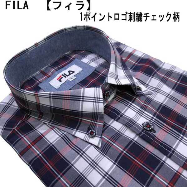 夏 FILA 半袖 綿1Pロゴ刺繍BDシャツ チェック柄 紺×白×赤 LL_綿 ポリエステル T/Cブロード生地を使用