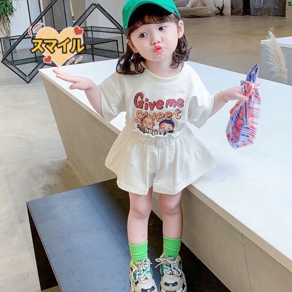 キッズセットアップ　ゆったりＴシャツ　ショートパンツ　女の子夏服ホワイト110