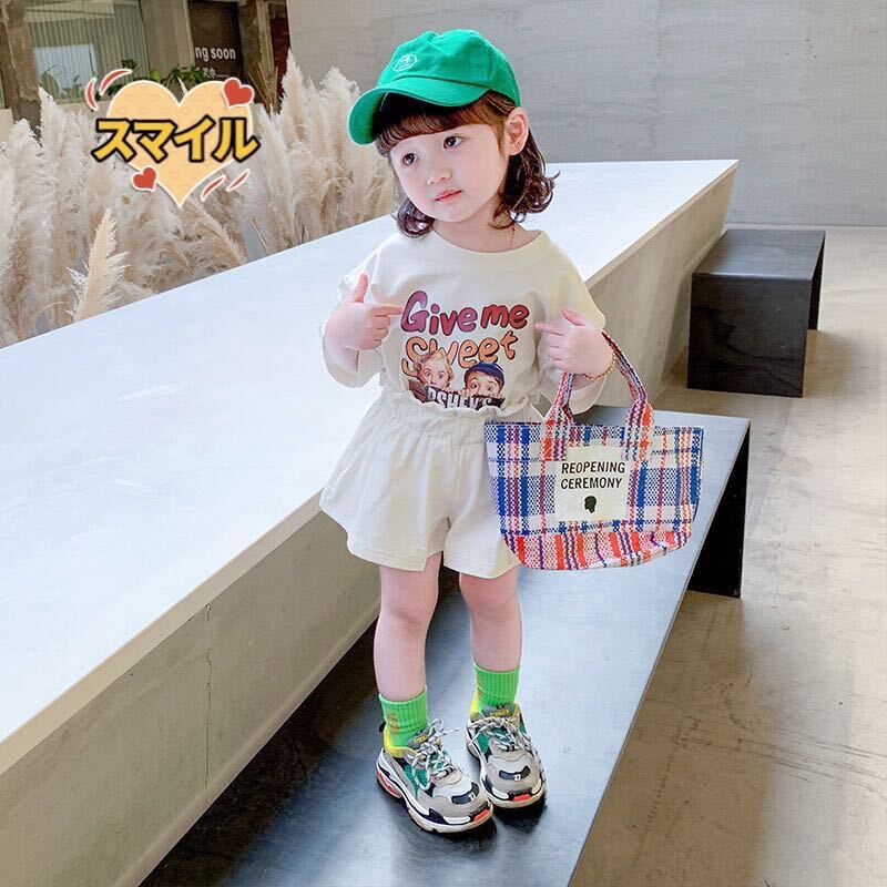 キッズセットアップ　ゆったりＴシャツ　ショートパンツ　女の子夏服ホワイト110