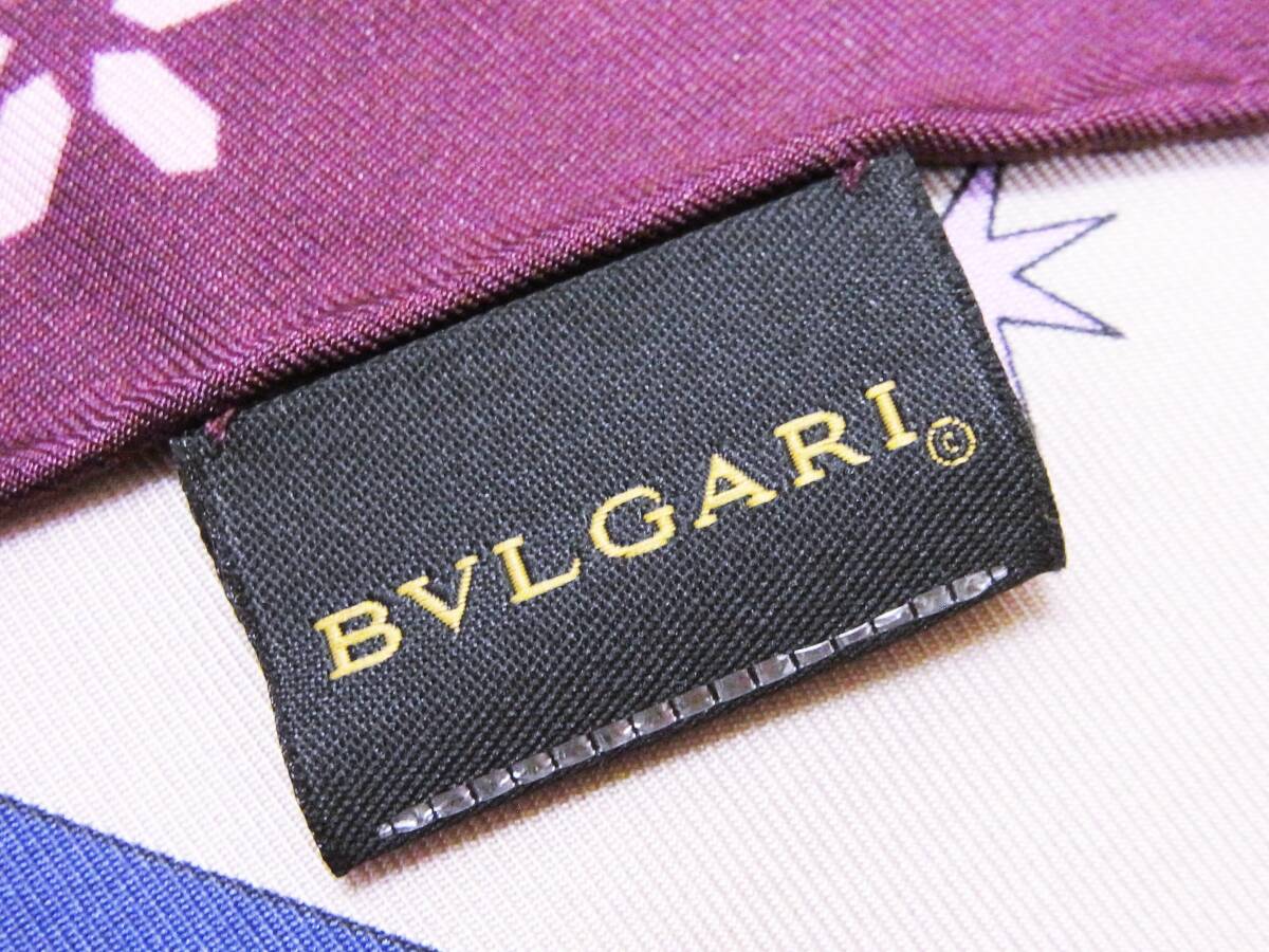 （E）　BVLGARI　ブルガリ　スカーフ　シルク　ピンク　ブルー　時計柄_画像5