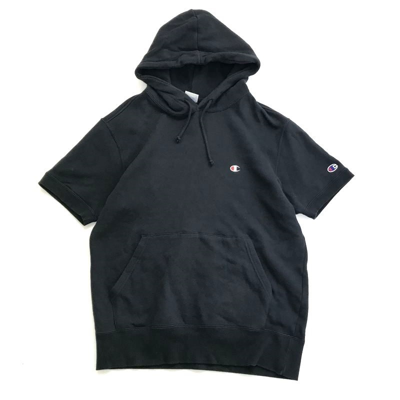 【1円～】Champion チャンピオン フード プルオーバー 半袖 スウェットシャツ 紺 size:L メンズ /パーカー パーカ トレーナー スエット_画像1