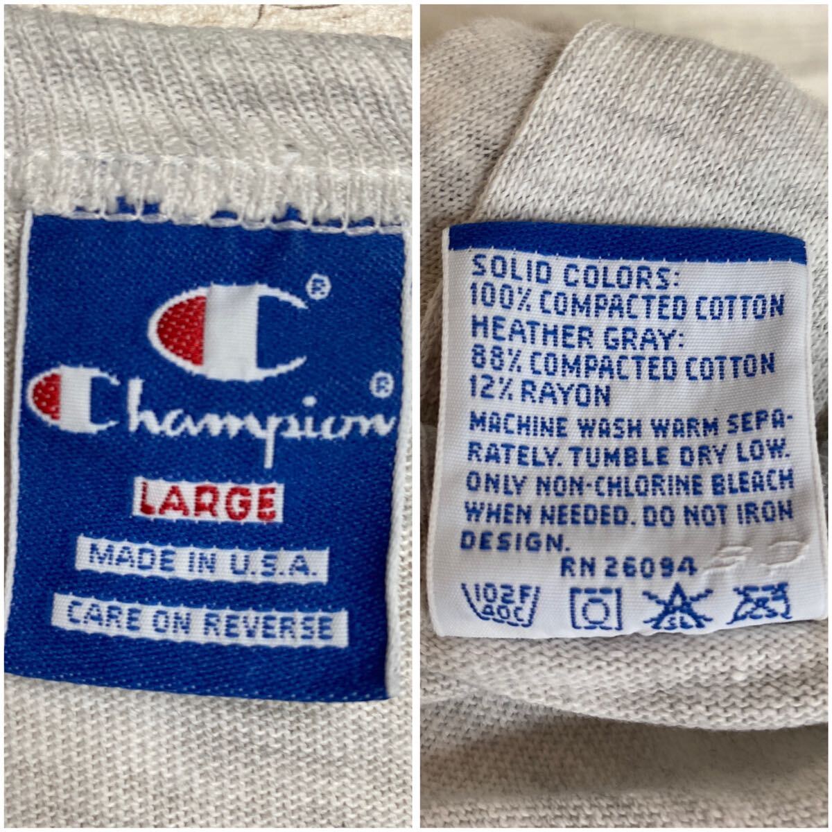 90s Champion USA製 Lサイズ チャンピオン Tシャツ 3段プリント ヘザーグレー 古着_画像4