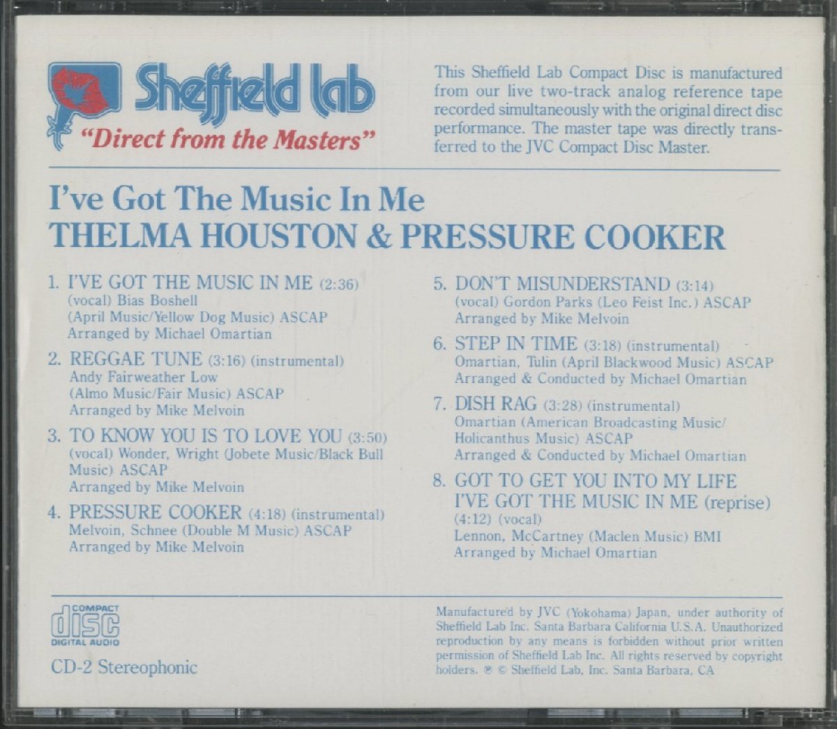 CD/ THELMA HOUSTON & PRESSURE COOKER / I'VE GOT THE MUSIC IN ME / テルマ・ヒューストン / SHEFFIELD LAB 輸入盤 CD-2 40507の画像2