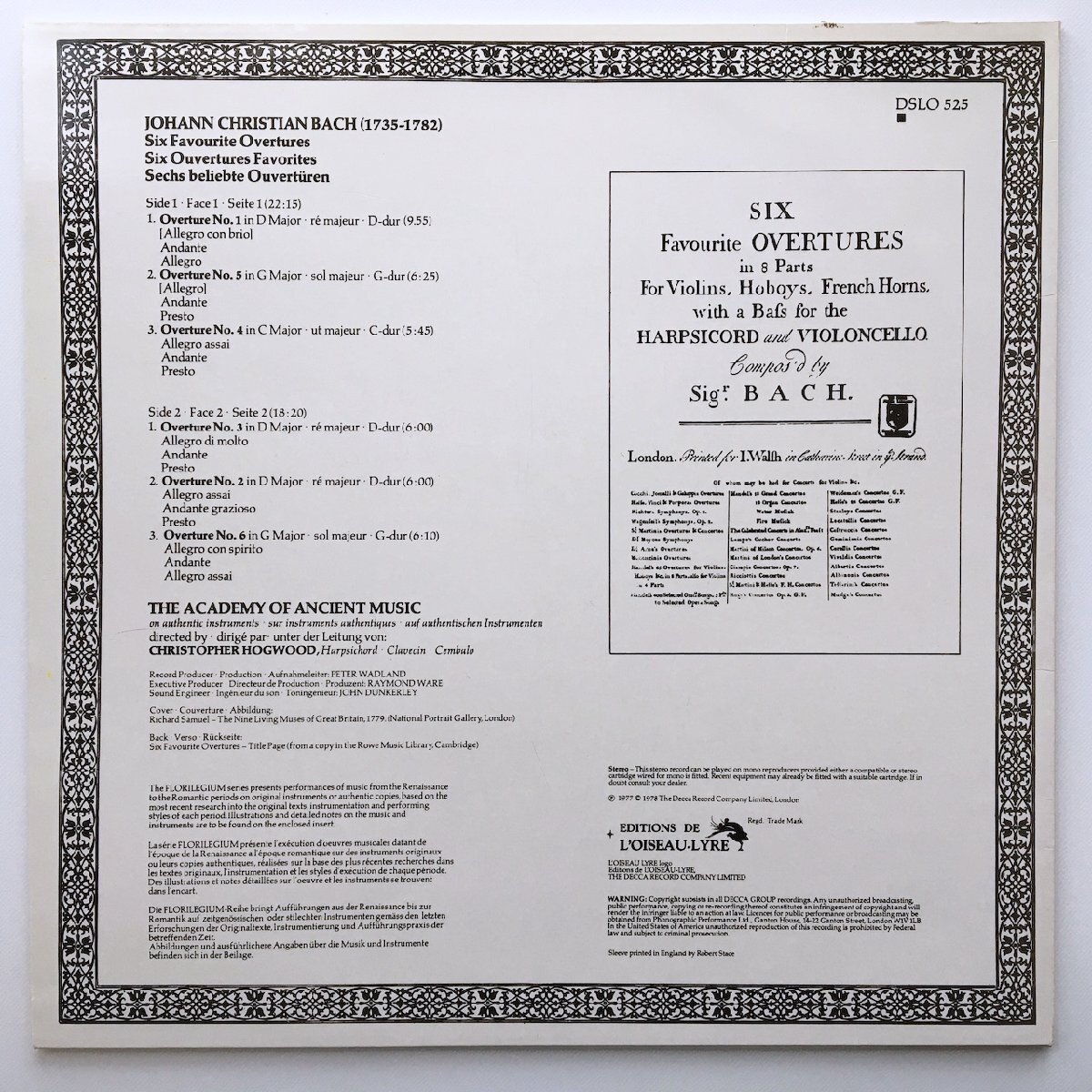 LP/ ホグウッド / J.C.バッハ：6つの序曲集 / オランダ盤 ライナー L'OISEAU-LYRE DSLO525 40511_画像2