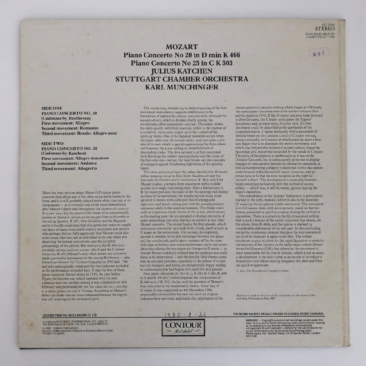 LP/ カッチェン、ミュンヒンガー / モーツァルト：ピアノ協奏曲第20番 / UK盤 CONTOUR CC7539 40516_画像2