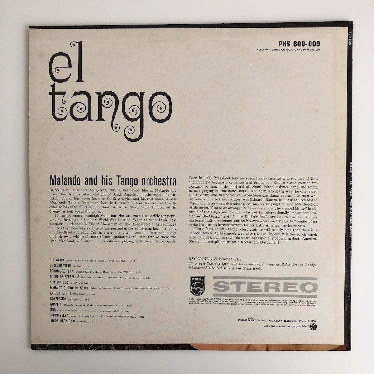 LP/ MALANDO / EL TANGO / US盤 オリジナル レインボーラベル PHILIPS PHS600-009 40519_画像2