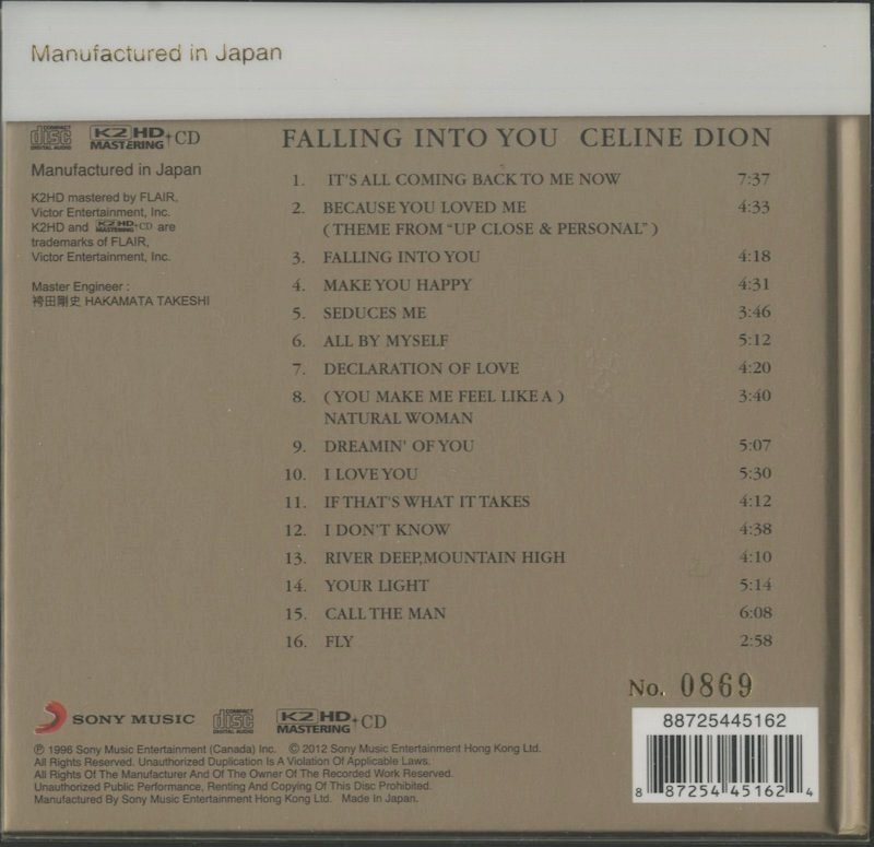 CD / CELINE DION / FALLING INTO YOU / 輸入盤 K2 HD IMPORT 887254451624 40430の画像2