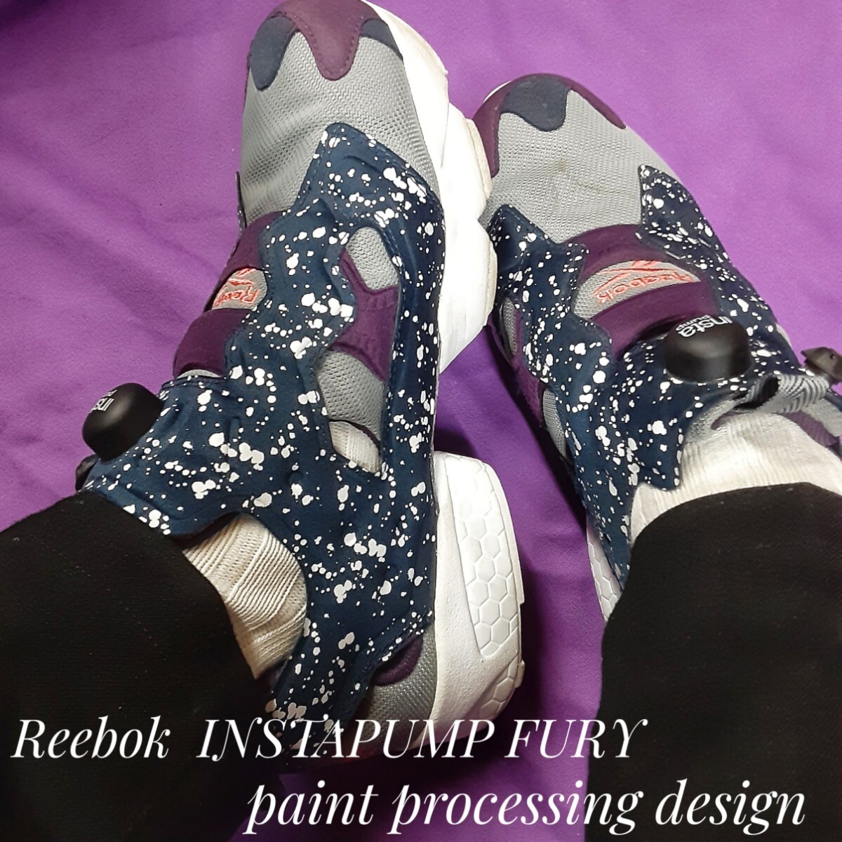  most price!.19580 jpy! limitation specifications ru pack! rare paint processing design! Reebok Insta pump Fury high class thickness bottom sneakers! navy blue purple white grey 26cm