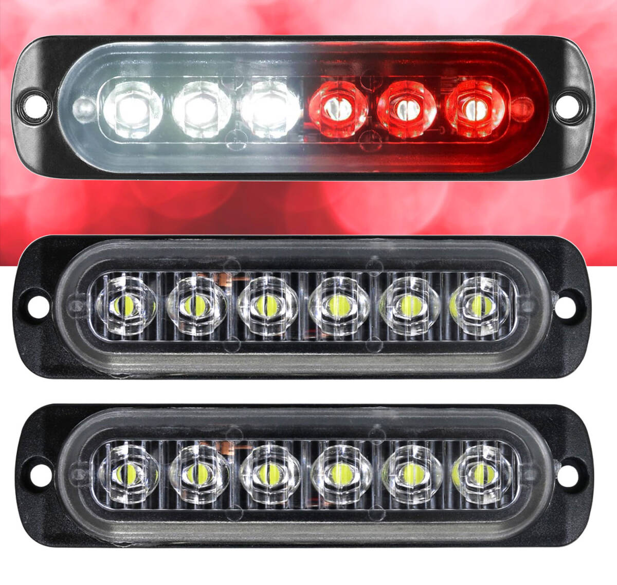 ★ LED 6連 12V ストロボ 超薄型 バーライト ランニングライト / 走行灯 点滅警告 ハザードランプ (ホワイト～レッド) 【2本セット】