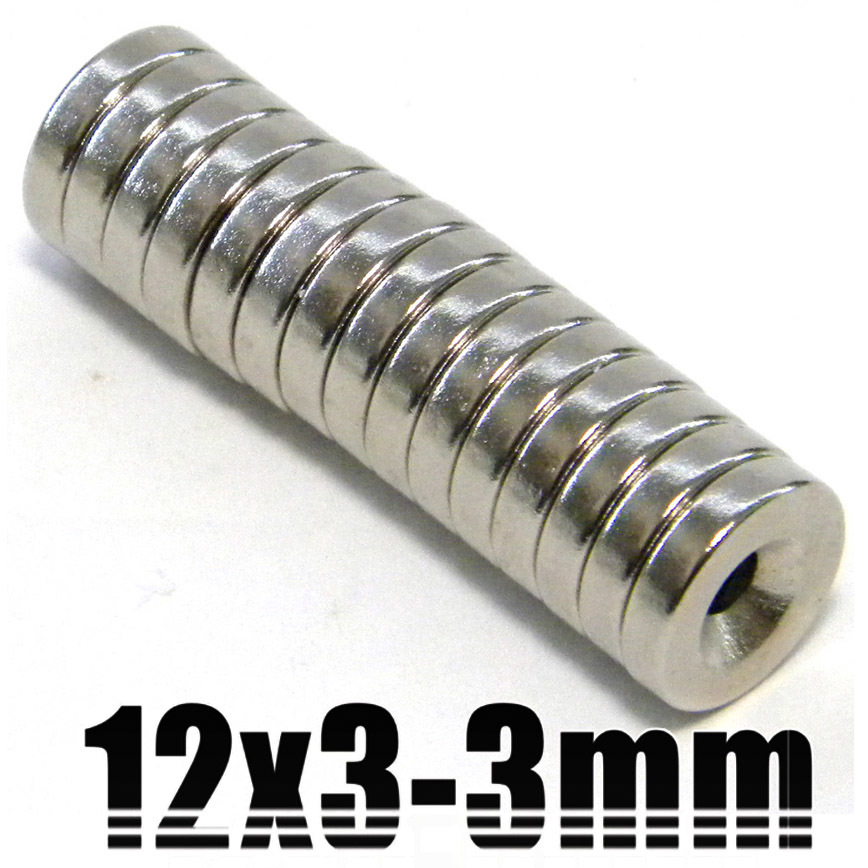 ★ 穴あき ネオジム 磁石 直径12mm x 厚み3mm（ネジ穴 3mm）ネオジウム N35 超強力 丸形マグネット 【15個セット】