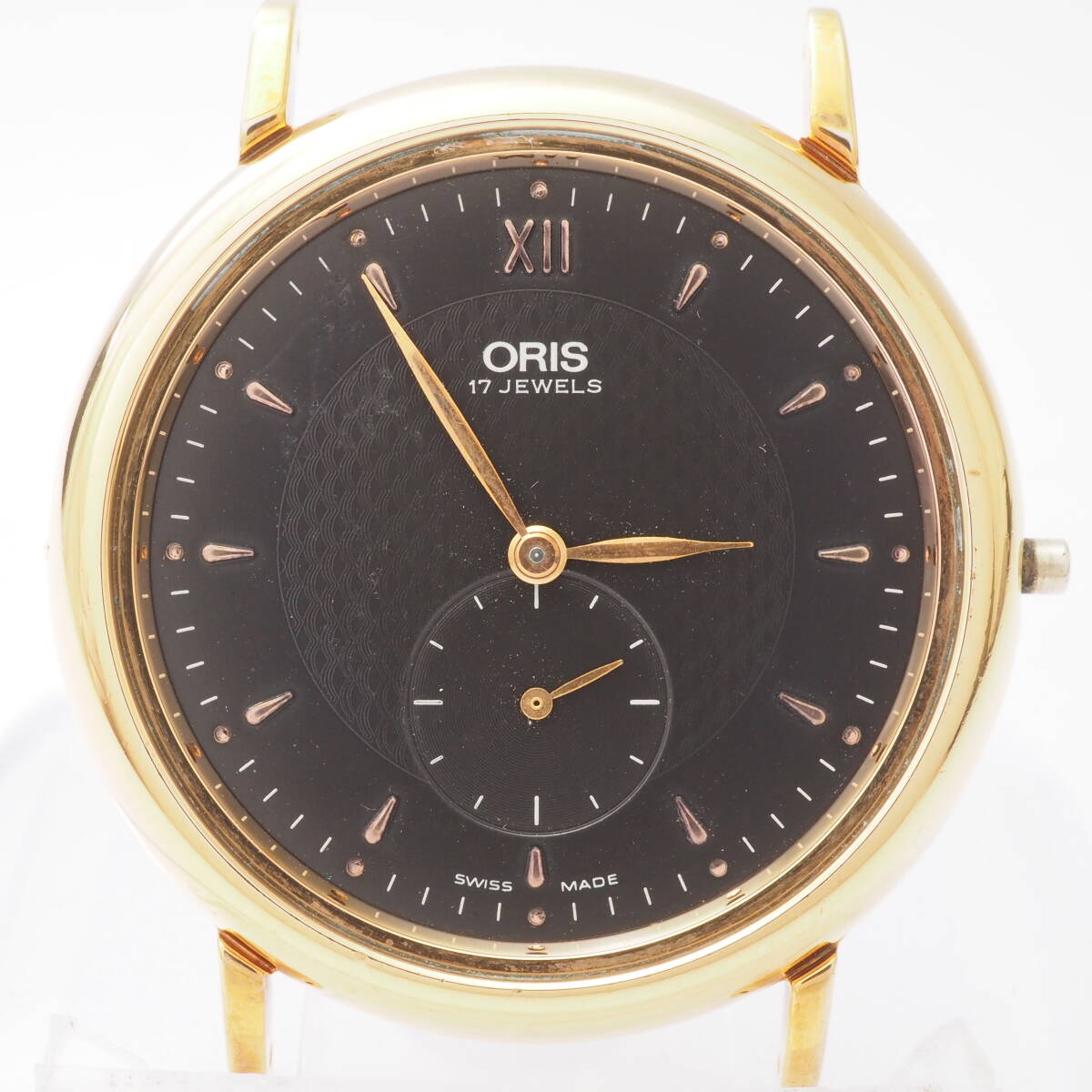 オリス ラウンド型 スモセコ ORIS 7423 手巻き ゴールド 黒文字盤 ボーイズ 腕時計 本体[Pa1535-AM7の画像1