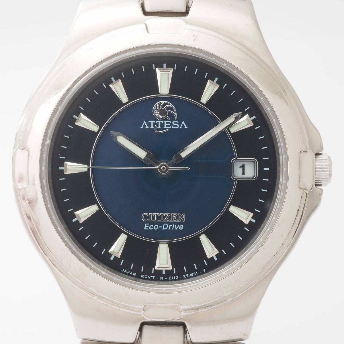 シチズン アテッサ エコドライブ E110-K17934TA CITIZEN ATTESA Eco-Drive チタン デイト ソーラー 黒×紺文字盤 メンズ[480295-BK1_画像1