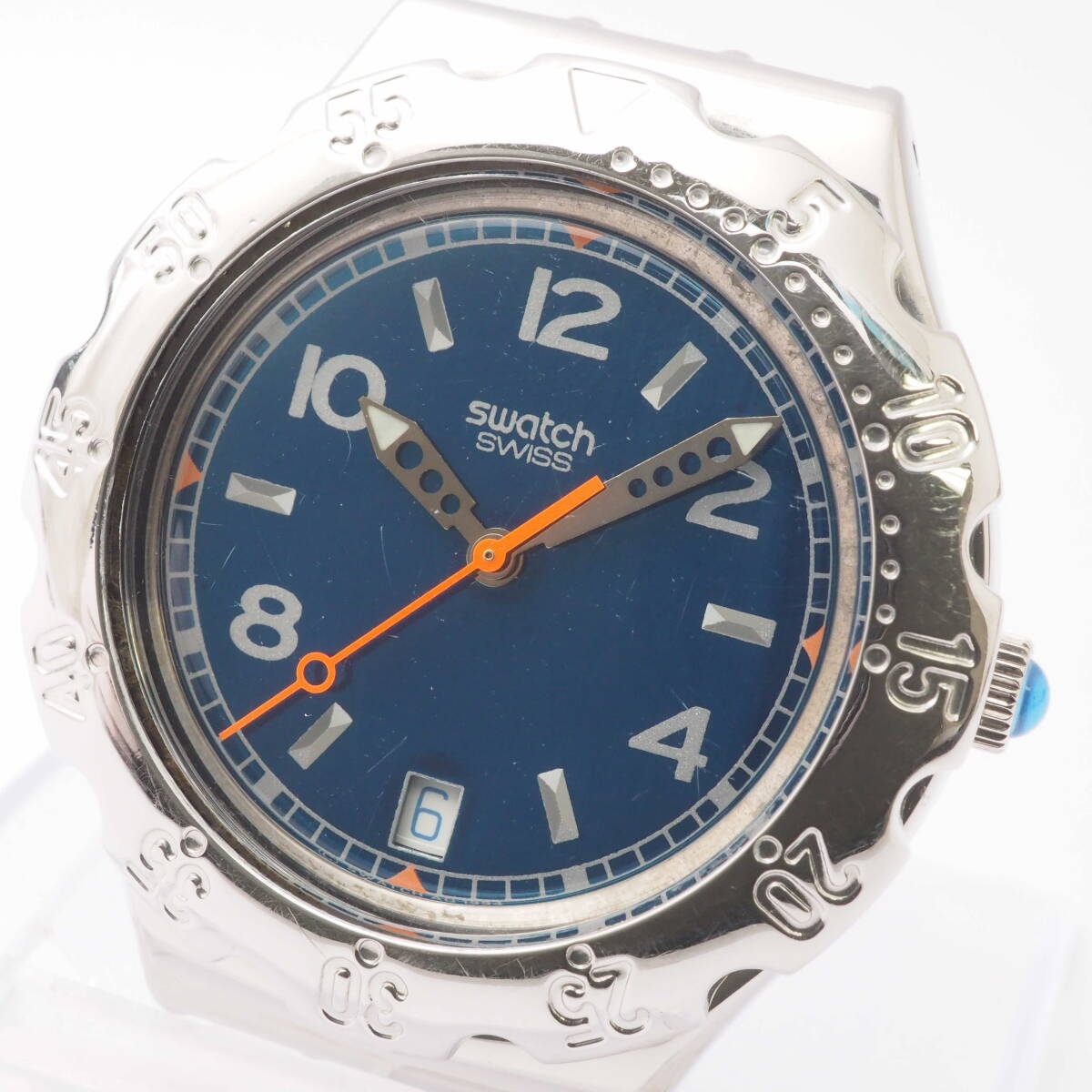 スウォッチ 550 9.5×3.6 1.55V Swatch SWISS デイト SS クォーツ シルバー×ブルー 青文字盤 メンズ 男性 腕時計 フェイス[Pa1556-BN7_画像1