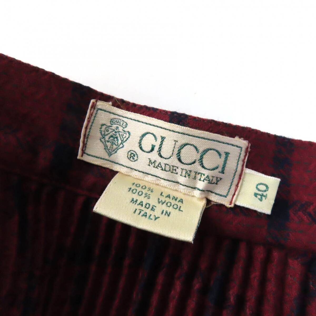  превосходный товар *GUCCI Gucci Vintage шерсть 100% редкий * в клетку длинный длина юбка в складку бордо темно-синий 40 сделано в Италии женский 