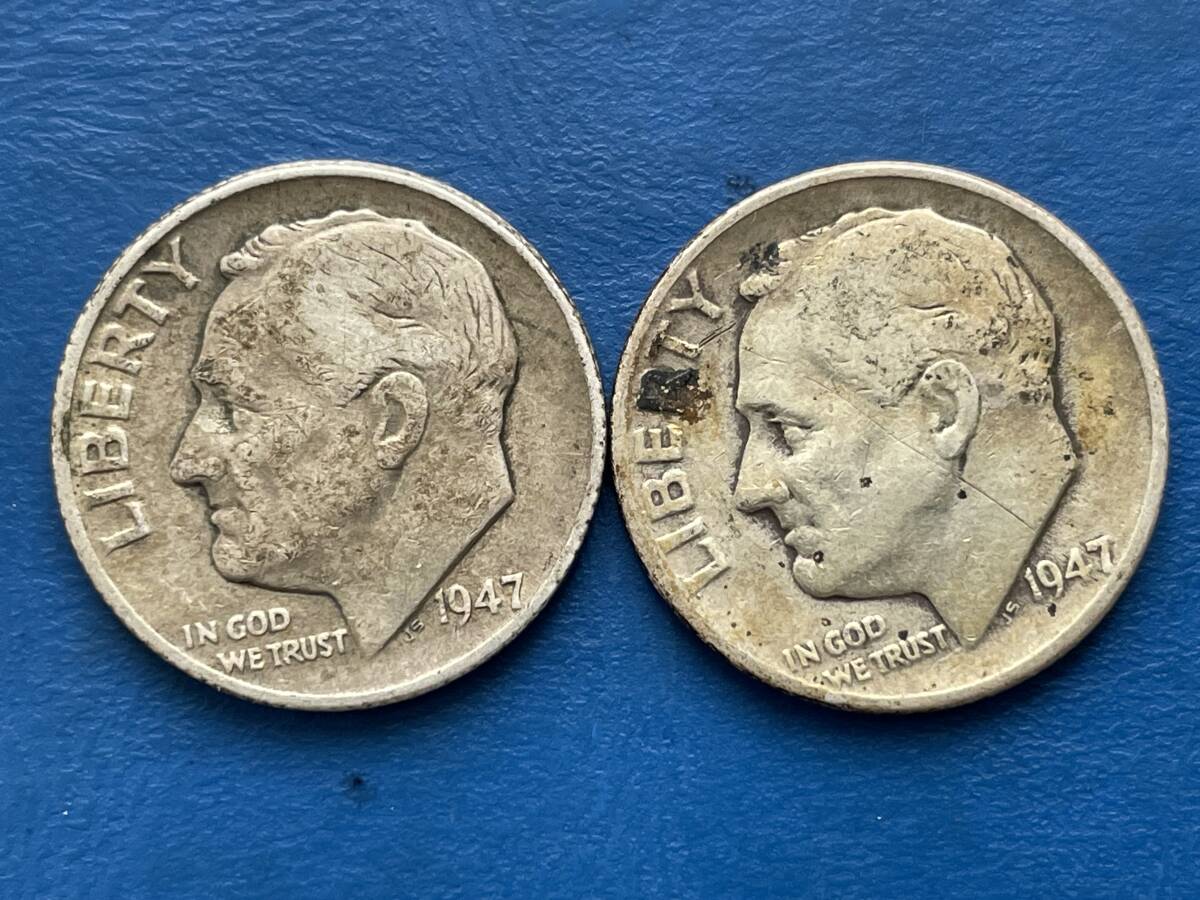 ☆アメリカ銀貨【アメリカ1947年1ＤＩＭＥ（10セント）銀貨2枚：ミントマーク無し/D、ルーズベルト、コレクター放出品】銀貨　M499☆_画像1