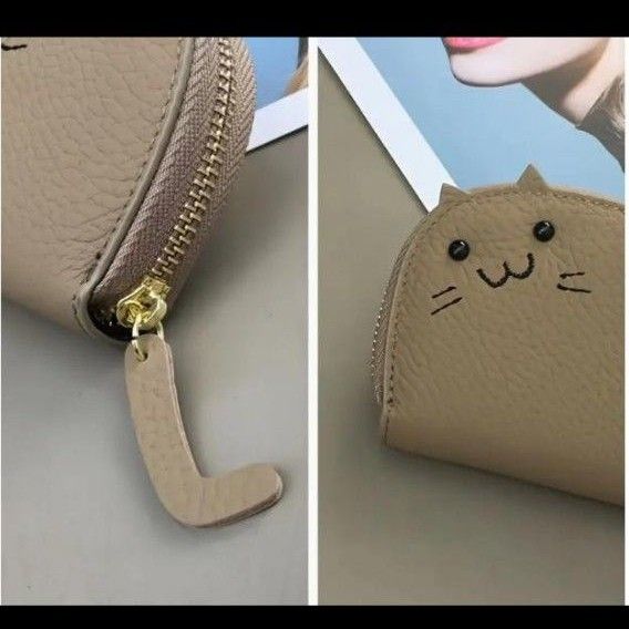 かわいい猫顔の財布 フェイクレザー マルチカードスロットコンパクト グレージュ