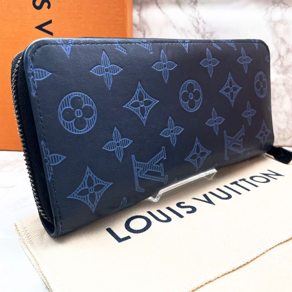 極美品/RDIF搭載●新型 LOUIS VUITTON ルイヴィトン メンズ ビジネス モノグラム シャドウ ヴェルティカル 長財布 ラウンド ネイビー系_画像2