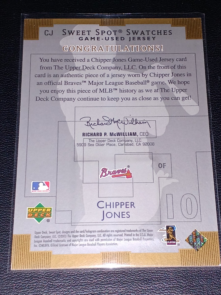2003 UD Sweet Spot Swatches Chipper Jones Game-used Jersey ブレーブス　チッパー・ジョーンズ　ジャージーカード_画像2