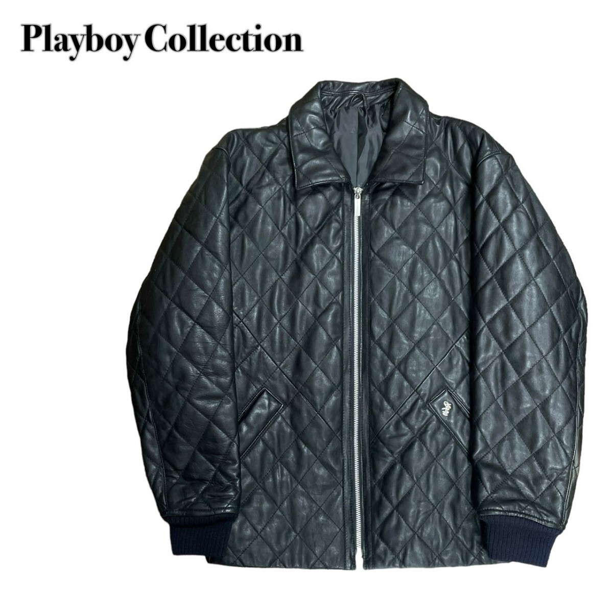 Playboy Collection プレイボーイ キルティング 羊革ジャケット ラムレザー M 黒ブラック 刺繍_画像1