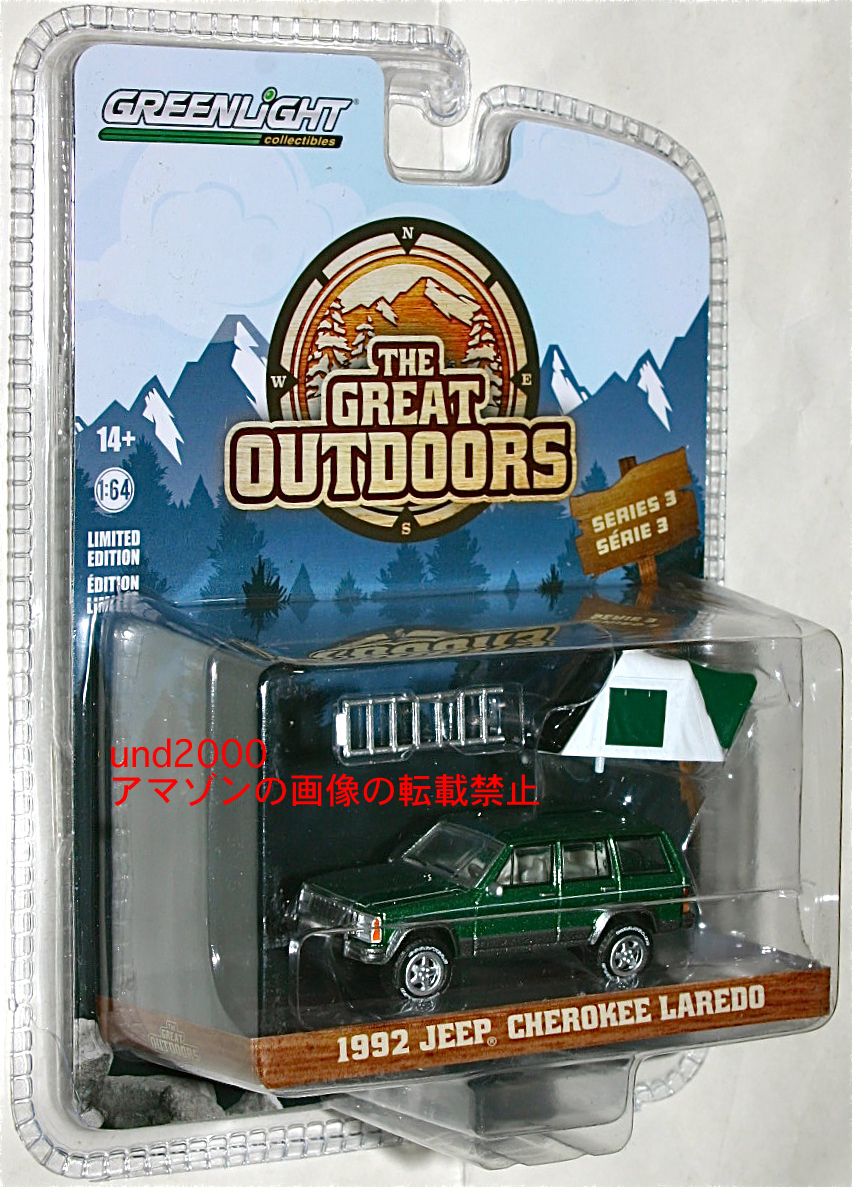 Greenlight 1/64 1992 Jeep Cherokee la ladle - foot p tent Jeep Cherokee Laredo with Modern Rooftop Tent green light 