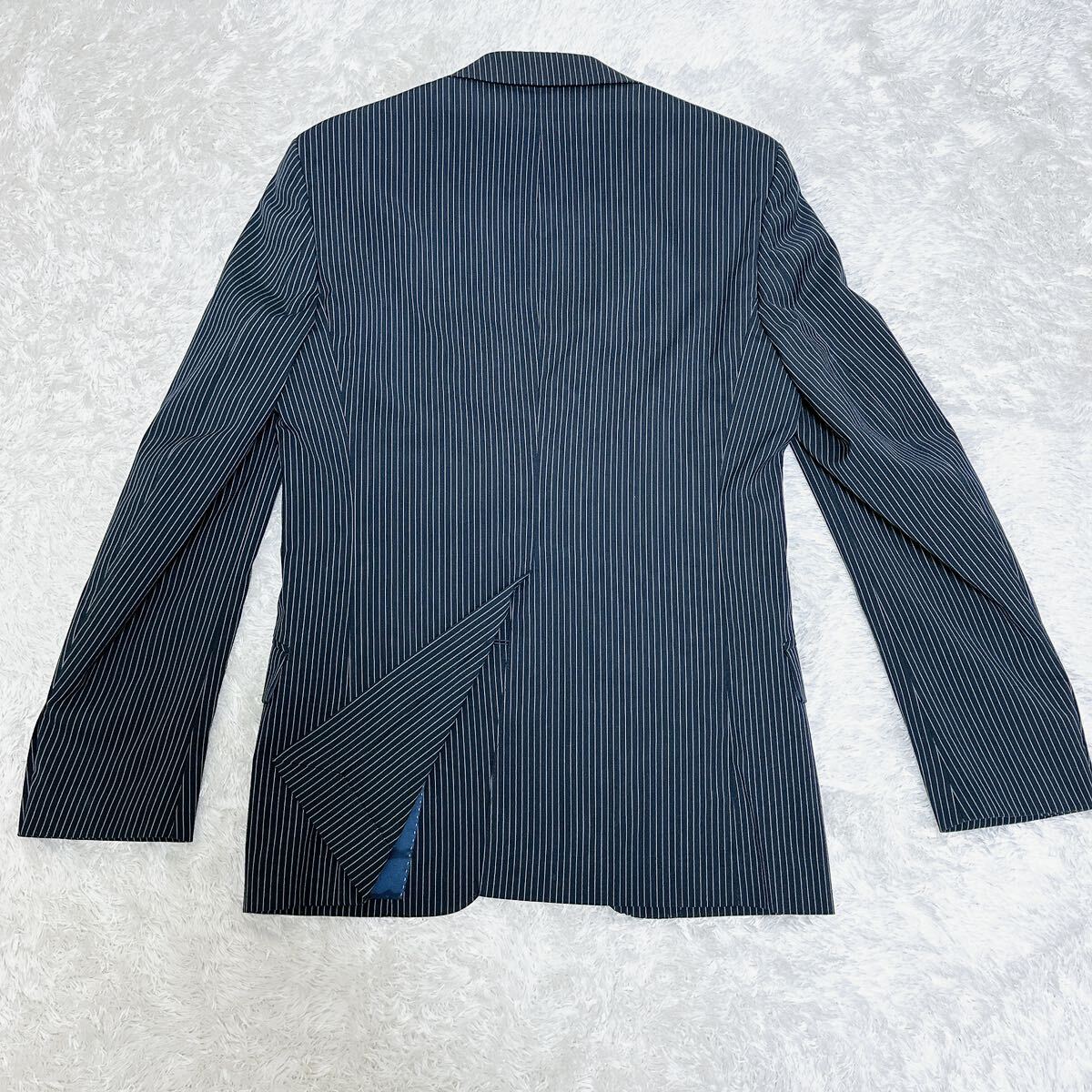 紳士のストライプ スーツ　セットアップ　テーラードジャケット　ネイビー XL（LL） Y7 センターベンド 2B ノータック クリーニング済_画像4