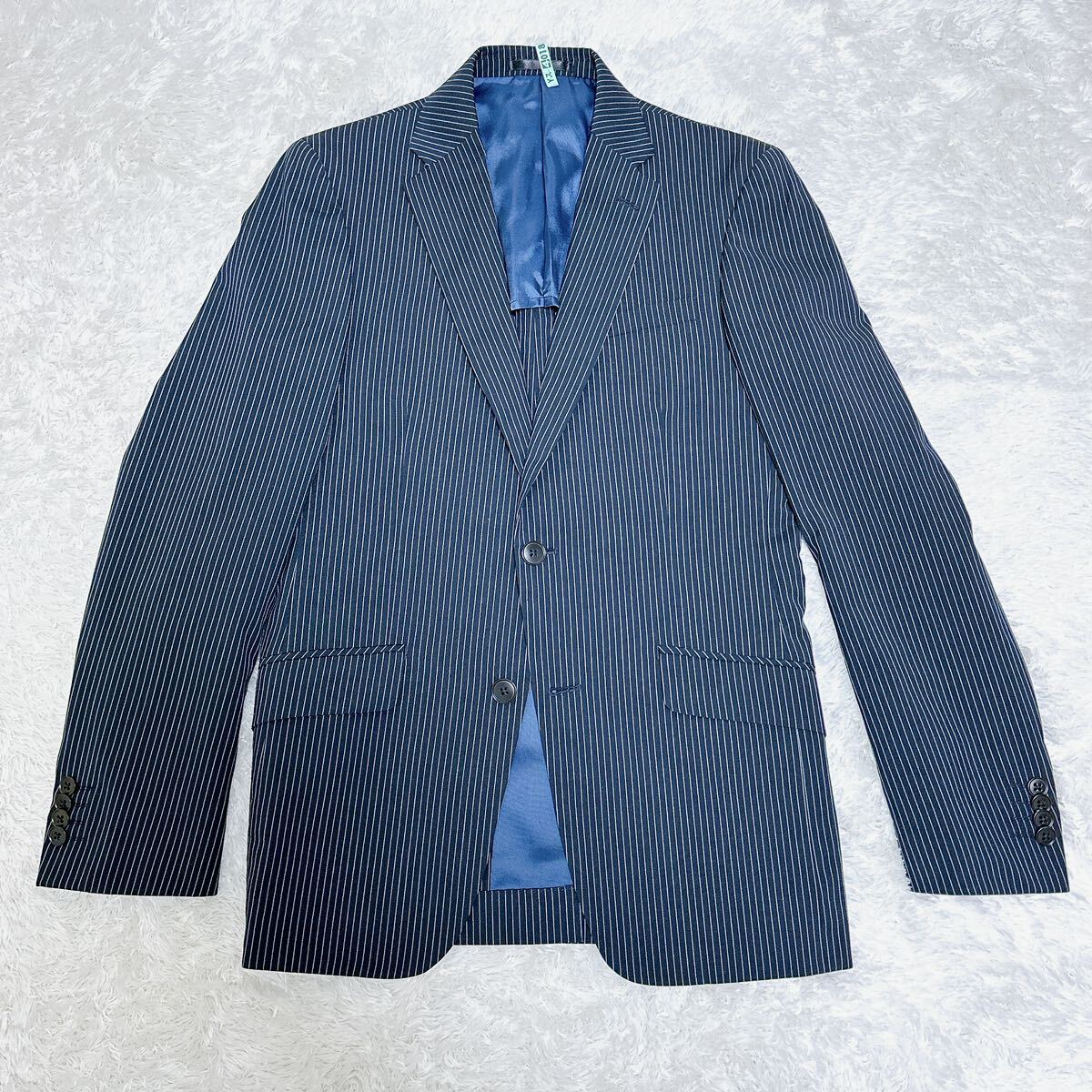紳士のストライプ スーツ　セットアップ　テーラードジャケット　ネイビー XL（LL） Y7 センターベンド 2B ノータック クリーニング済_画像2