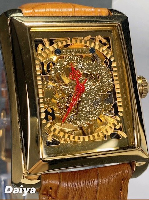新品 正規品 ドミニク DOMINIC 自動巻き 腕時計 オートマティック スクエア レザーベルト キャメル ゴールド ドラゴン メンズ プレゼントの画像1