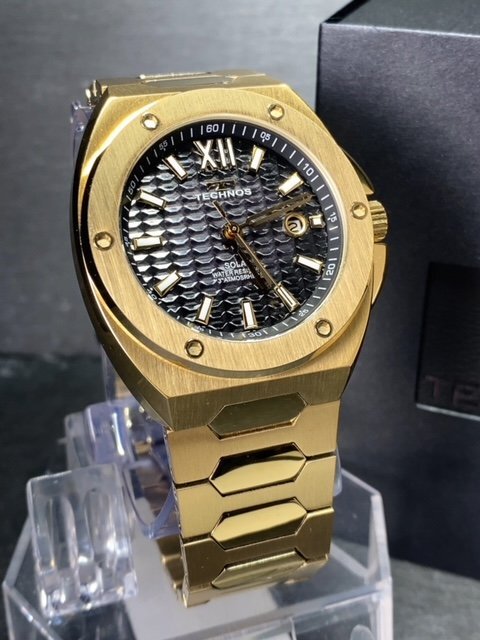 新品 テクノス TECHNOS 正規品 腕時計 アナログ腕時計 ソーラー ステンレス 3気圧防水 カレンダー ゴールド ブラック メンズ プレゼントの画像2