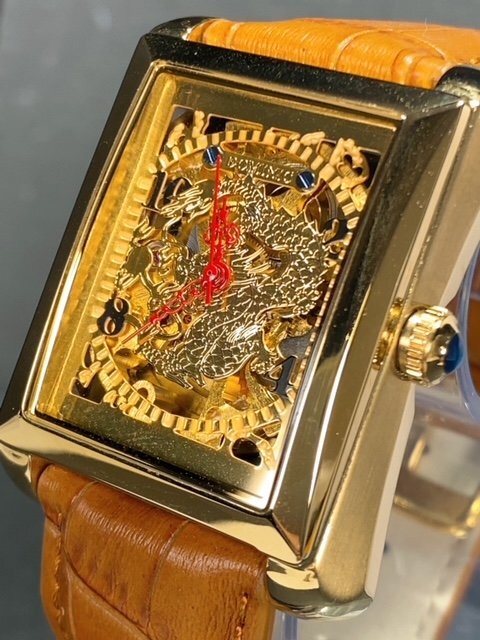 新品 正規品 ドミニク DOMINIC 自動巻き 腕時計 オートマティック スクエア レザーベルト キャメル ゴールド ドラゴン メンズ プレゼントの画像3