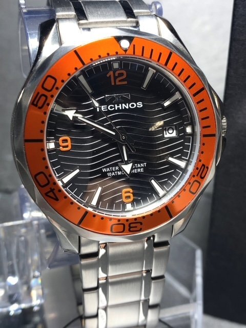  new goods TECHNOS Tecnos wristwatch regular goods analogue wristwatch quarts calendar 10 atmospheric pressure waterproof stainless steel simple orange men's present 