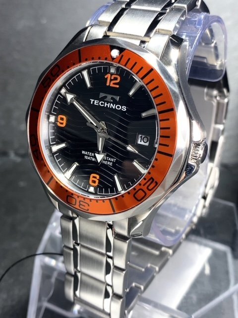 新品 TECHNOS テクノス 腕時計 正規品 アナログ腕時計 クオーツ カレンダー 10気圧防水 ステンレス シンプル オレンジ メンズ プレゼント_画像4