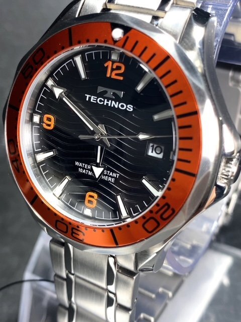 新品 TECHNOS テクノス 腕時計 正規品 アナログ腕時計 クオーツ カレンダー 10気圧防水 ステンレス シンプル オレンジ メンズ プレゼント_画像3
